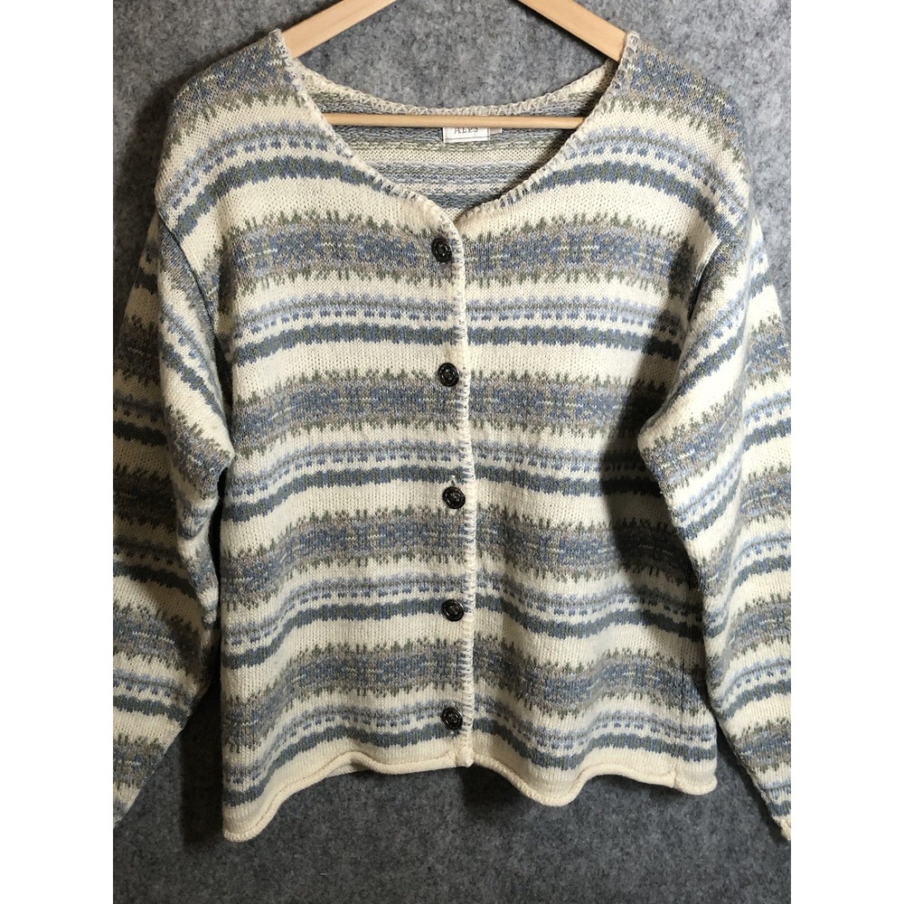Alps Sweater Womens Medium Cream Wool Fair Isle Cardigan Knit Classic
